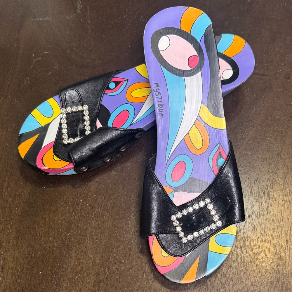 Boho Mystique Boutique Black Sandals with Vibrant Multicolor Pattern